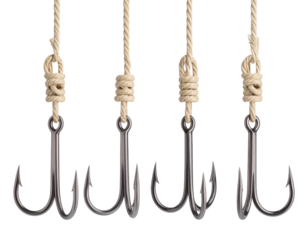 A set of four metallic fishing hooks, each attached to a rope, designed for catching fish.