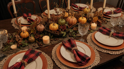  Autumn Farmhouse Dining Setting: Plaid Napkins & Bountiful Gourds