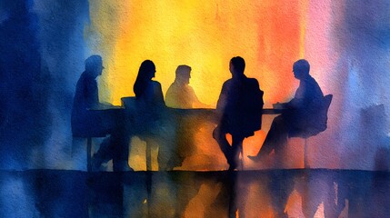 Watercolor painting silhouette of five people in a meeting around a table with vibrant abstract background