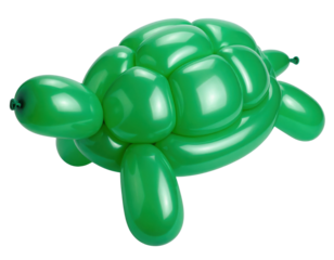 A glossy green balloon sculpture shaped like a turtle, featuring rounded forms and a playful design.