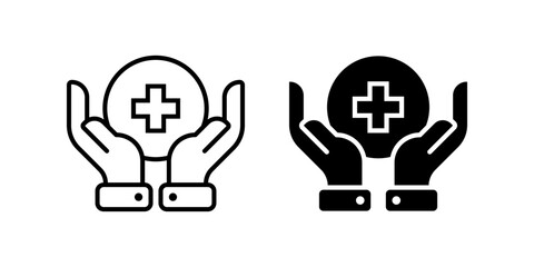 Medic icon set. Illustration of hands holding a circle with a plus sign, representing medical care, health, support, and aid. Available in line and solid style, suitable for various design projects.
