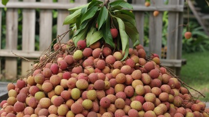 Pile of fresh lychees with green leaves on top, wooden fence in background