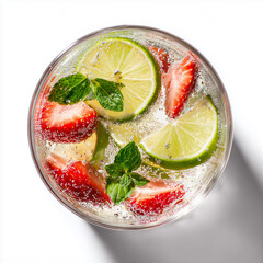 sparkling water with fruit slices and mint in a clear tumbler