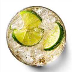 Top view of sparkling soda with ice cubes and lime slices