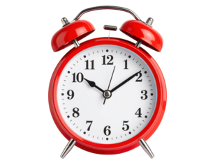 A classic red alarm clock with a white face, featuring black numbers and two bells on top.