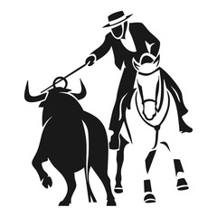 Fototapeta premium Silhouette of a horseman fighting with a mock bull with a spear in a traditional outfit