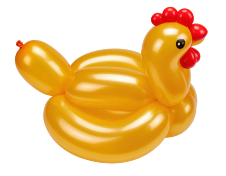 A playful balloon sculpture shaped like a cheerful yellow duck with a red comb and beak.