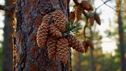 Pine cones on a branch against a tree trunk - Powered by Adobe