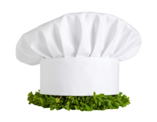 A classic white chef's hat adorned with fresh green herbs around its base, symbolizing culinary expertise and freshness.