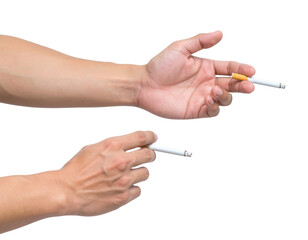 Two hands holding cigarettes in a gestural manner, showcasing a casual pose often associated with smoking.