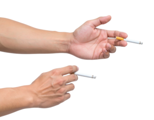 Two hands holding cigarettes in a gestural manner, showcasing a casual pose often associated with smoking.