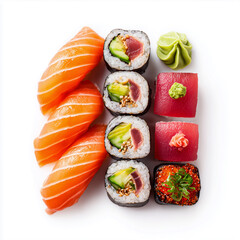 sushi assortment including salmon nigiri, tuna rolls, and wasabi garnish