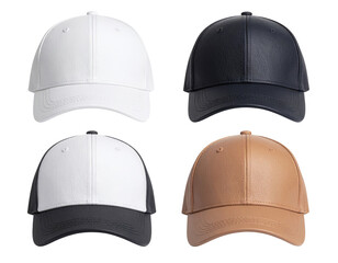 A selection of hats in various colors: black, white, and tan, showcasing a smooth, textured design and a classic cap shape.