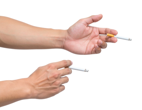 Two hands holding cigarettes in a gestural manner, showcasing a casual pose often associated with smoking.