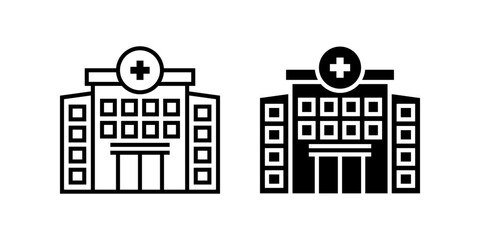 Hospital Building icon set. A minimalist illustration of a hospital building in both outline and glyph styles. Perfect for medical, healthcare, or architectural design projects.