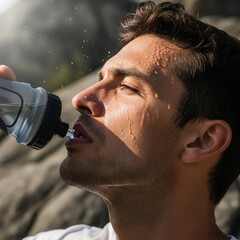 Athletic man with sharp cheekbones drinks water from a sports bottle, sweat glistening on his forehead, rocky textured background, copy space for text.