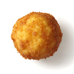 Golden, crispy fried ball with a smooth texture and even browning, isolated on a white background.