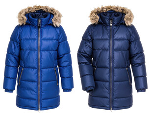 Two puffer jackets, one in bright blue and the other in dark navy, featuring fur-lined hoods and zippered fronts.