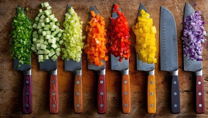 Rainbow of finely diced vegetables?scallions, cucumber, zucchini, carrots, red bell pepper, yellow bell pepper, red onion?neatly arranged on chef's knives atop a wooden board