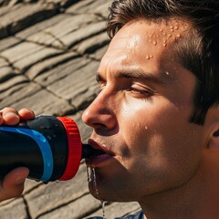 Athletic man with sharp cheekbones drinks water from a sports bottle, sweat glistening on his forehead, rocky textured background, copy space for text.