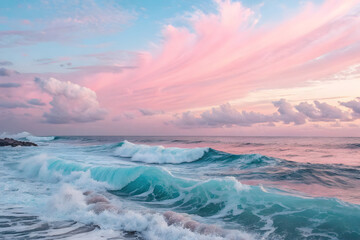 Gentle ocean waves roll onto the shore under a beautiful pastel sky with pink and blue clouds during sunset or sunrise