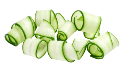 Curled cucumber slices arranged artistically, showcasing their vibrant green edges and light green interiors.