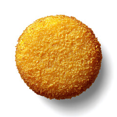 Golden, crispy breaded ball with a textured surface, likely a fried food item.