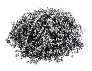 A mound of metallic shavings, intricately curled and layered, showcasing a shiny, reflective surface.