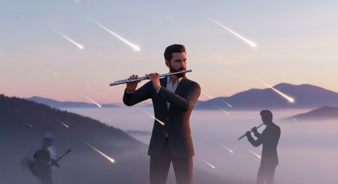 A bearded man in a suit plays the flute on a mountaintop during a spectacular meteor shower. - Powered by Adobe