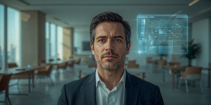 Man in suit with holographic calendar in office space - Powered by Adobe