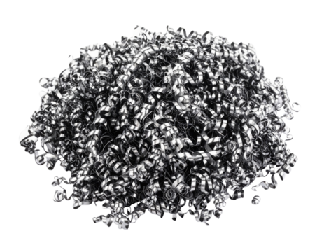 A mound of metallic shavings, intricately curled and layered, showcasing a shiny, reflective surface.