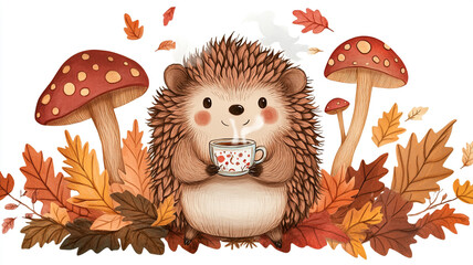 A Hedgehog Autumn Retreat with Mushrooms Leaves and Warm Sips