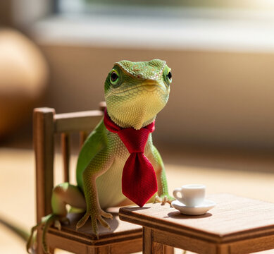 green frog on a wooden table
