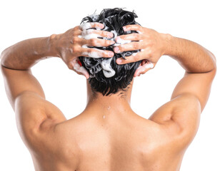 A person shampoos their hair, massaging the scalp with their hands while lathering the strands with soap.