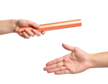 A hand is passing a baton to another hand, symbolizing teamwork and collaboration.