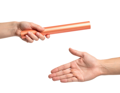 A hand is passing a baton to another hand, symbolizing teamwork and collaboration.