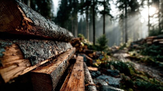 Sunlit forest path with stacked logs