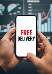 Smartphone Displaying Free Delivery Text Against Charts