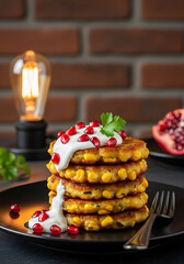 Stack of Golden Corn Fritters Topped with Yogurt and Pomegranate Seeds