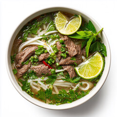 Vietnamese pho noodle bowl with herbs and lime wedges