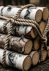 Stacked Birch Logs Bound by Tan Rope wood pile