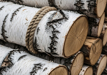 Stacked Birch Logs Bound by Tan Rope birch wood logs