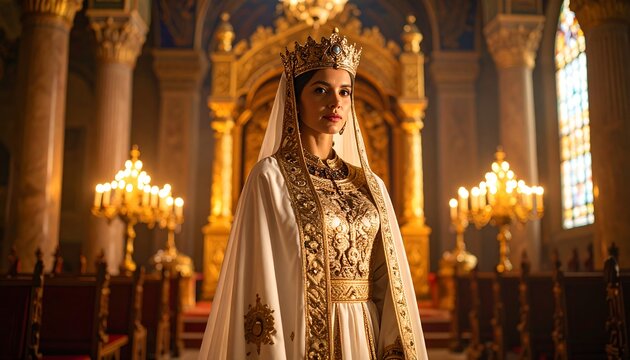Regal queen adorned in golden attire standing in a resplendent royal cathedral