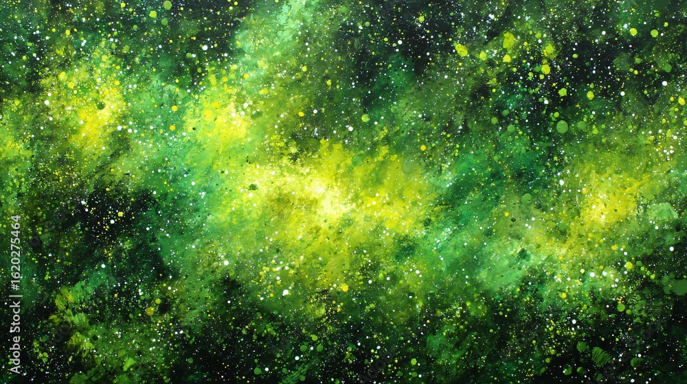 Poster a mesmerizing abstract artwork showcasing a cosmic field with dynamic splashes of green and yellow l