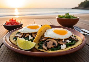 Two Sunny Side Up Egg Tacos with Mushrooms Spinach and Feta on Beach Table