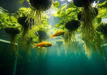 Two Goldfish Swimming Beneath Aquatic Plants in Green Water
