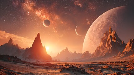 A vast, alien landscape bathed in the warm glow of a sunrise.