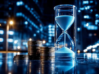 Hourglass with flowing sand and stacked coins on reflective surface symbolizing the balance of time and money
