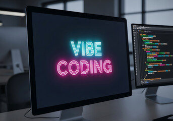 Vibe Coding Neon Text on Computer Screen programming