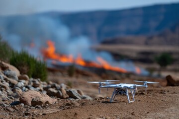 A drone hovers over a burning landscape, capturing a critical view of the flames and smoke trails below, representing cutting-edge technology in emergency response advancements.